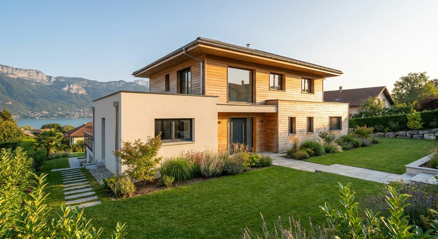 A modern wooden house with large windows and a well-maintained garden, set against a backdrop of mountains and a lake.. User description: Photo réaliste d'une m